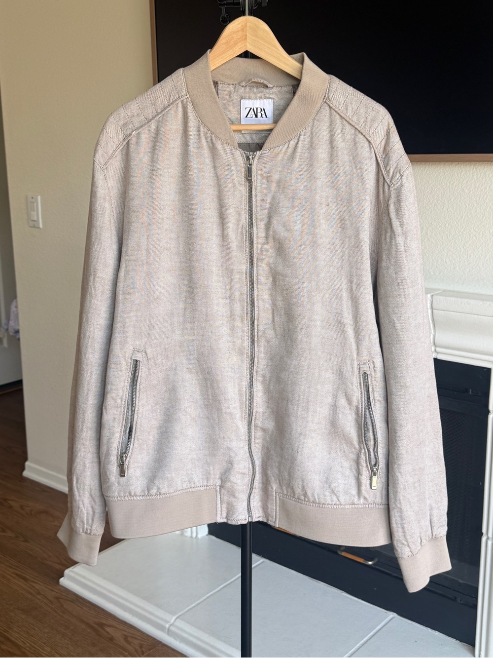 ZARA Men's Linen Blend Bomber Jacket Size XXL Streetwear Minimalist Neutral